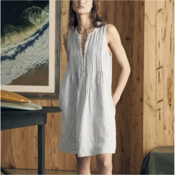 FAHERTY Isha Mini Dress Blue Pinstriped Sleeveless Linen Y2K Preppy - Picture 3 of 10